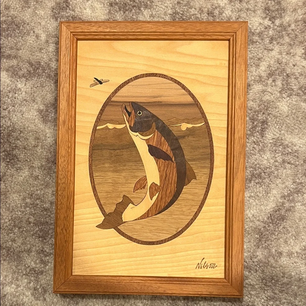 Hudson River Inlay “Trout” Wood Inlay Art Wall Plaque - Brown